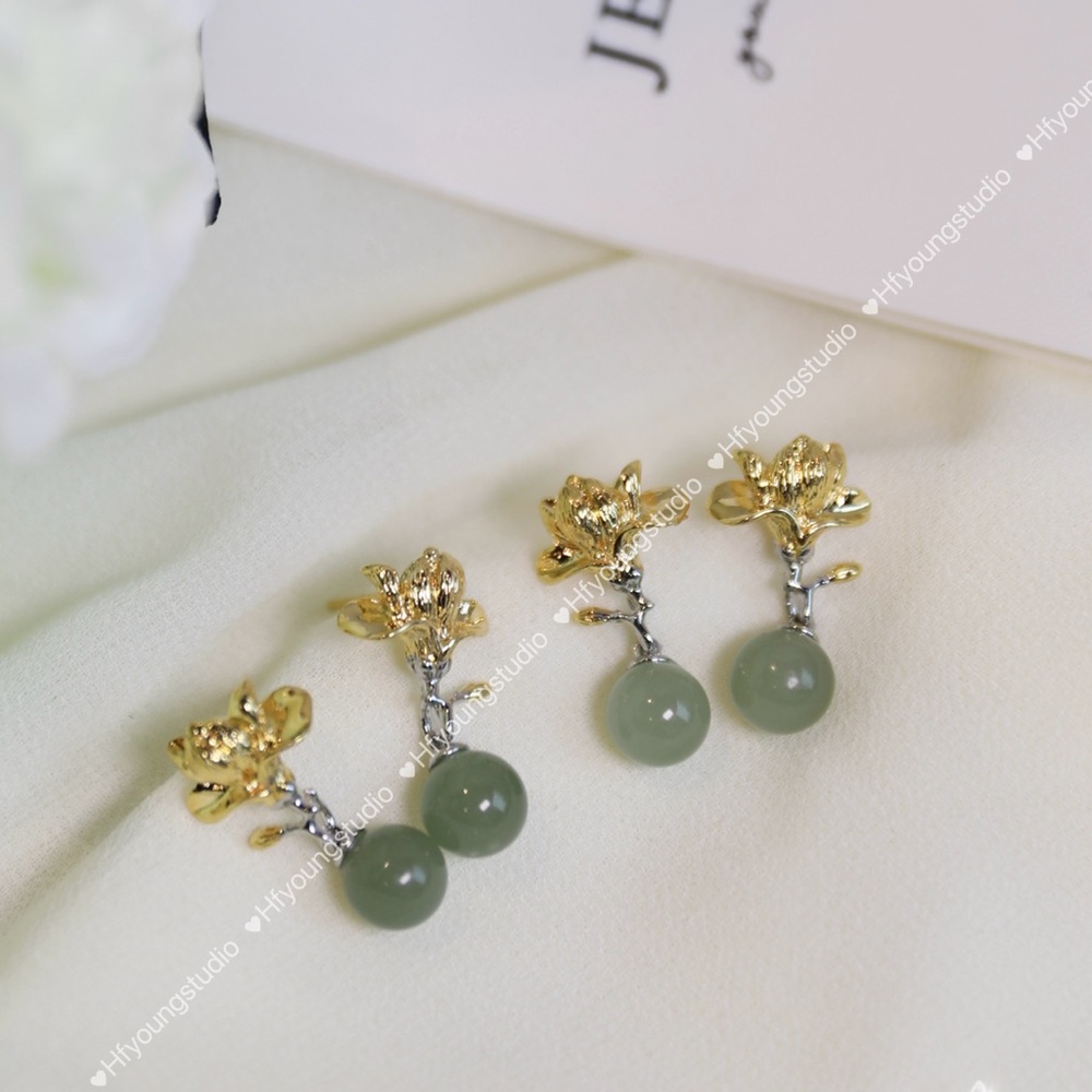 Gold and Silver Two Tone Magnolia Flower Jade Earrings